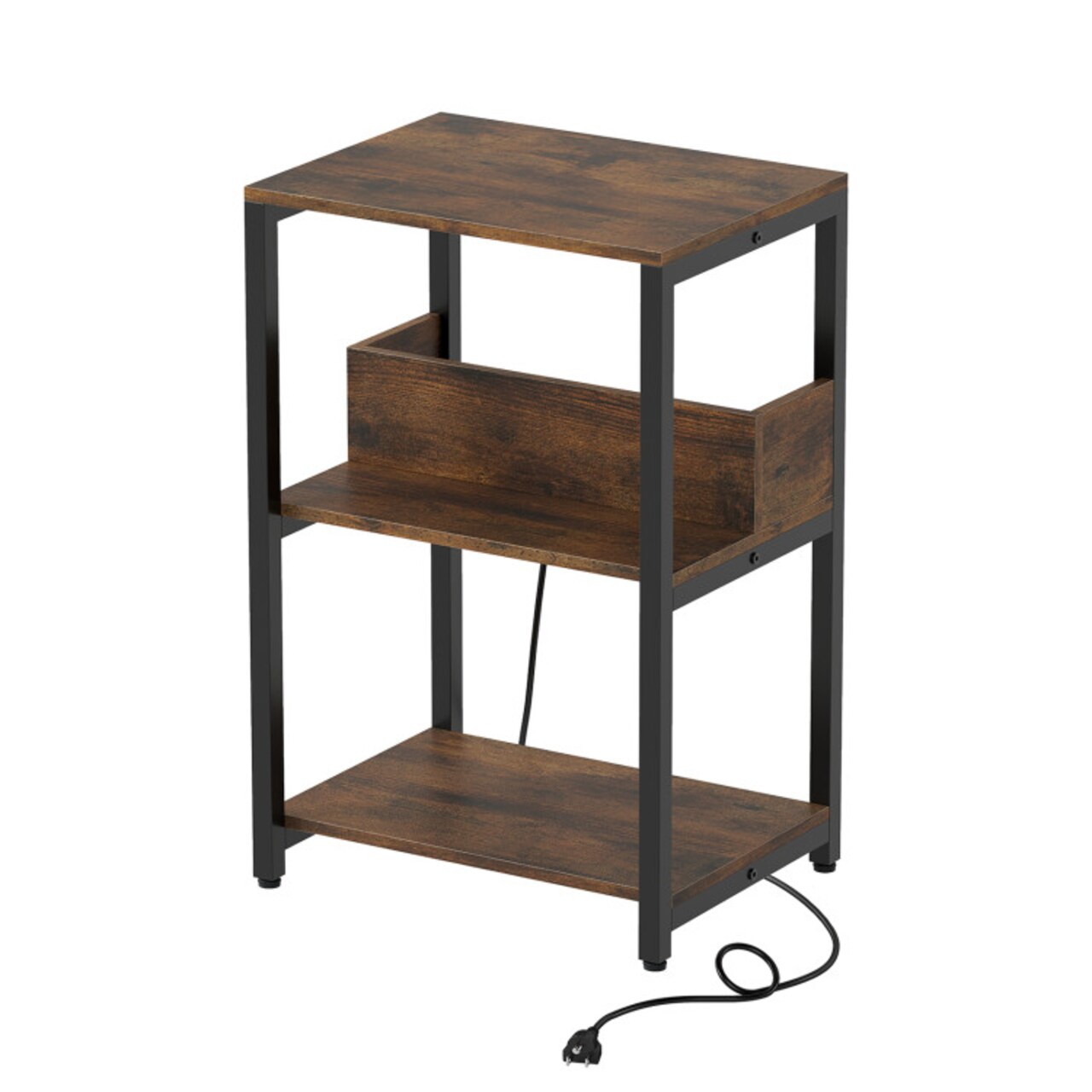 Rustic Brown Side End Table with Charging Station and Open Shelves
